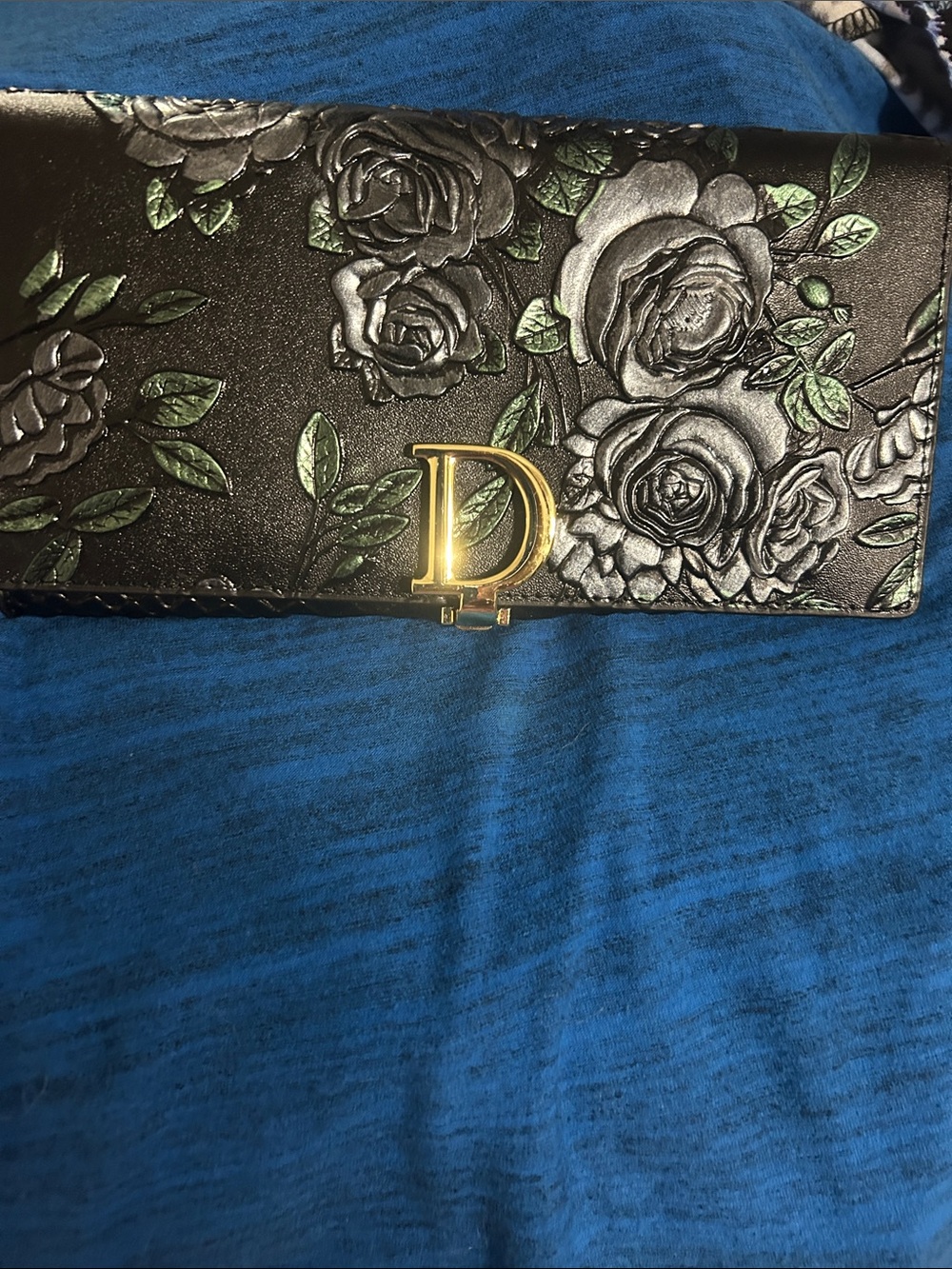 Delicious Black Floral Embossed Leather Clutch with Gold D Logo